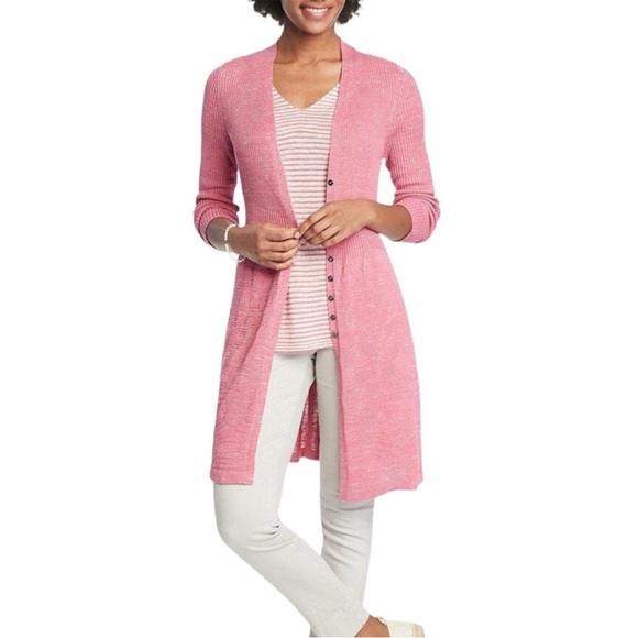 NIC+ZOE Sweaters - NIC + ZOE linen blend long Cardigan in a twirl Raspberry Pink Button ribbed XL